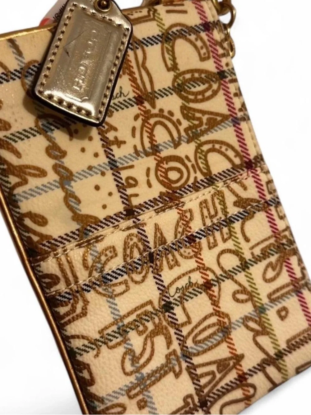 Coach Beige Signature Wristlet with Gold Strap and Multicolor Stitching